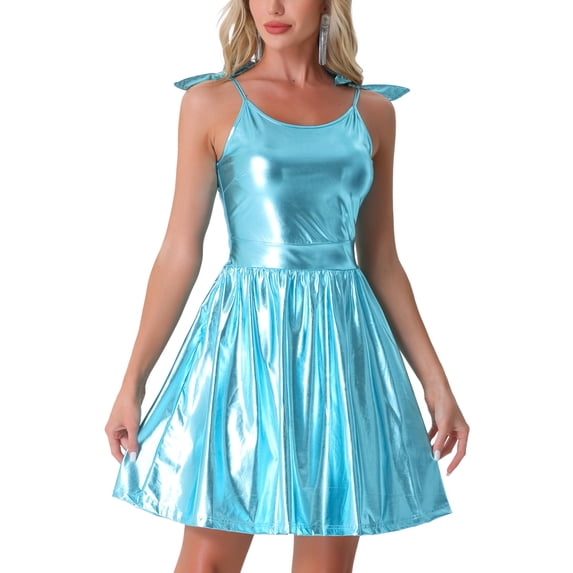 DARING DIVA Metallic A-Line Sleeveless Spaghetti Straps Mini Dress XS Blue