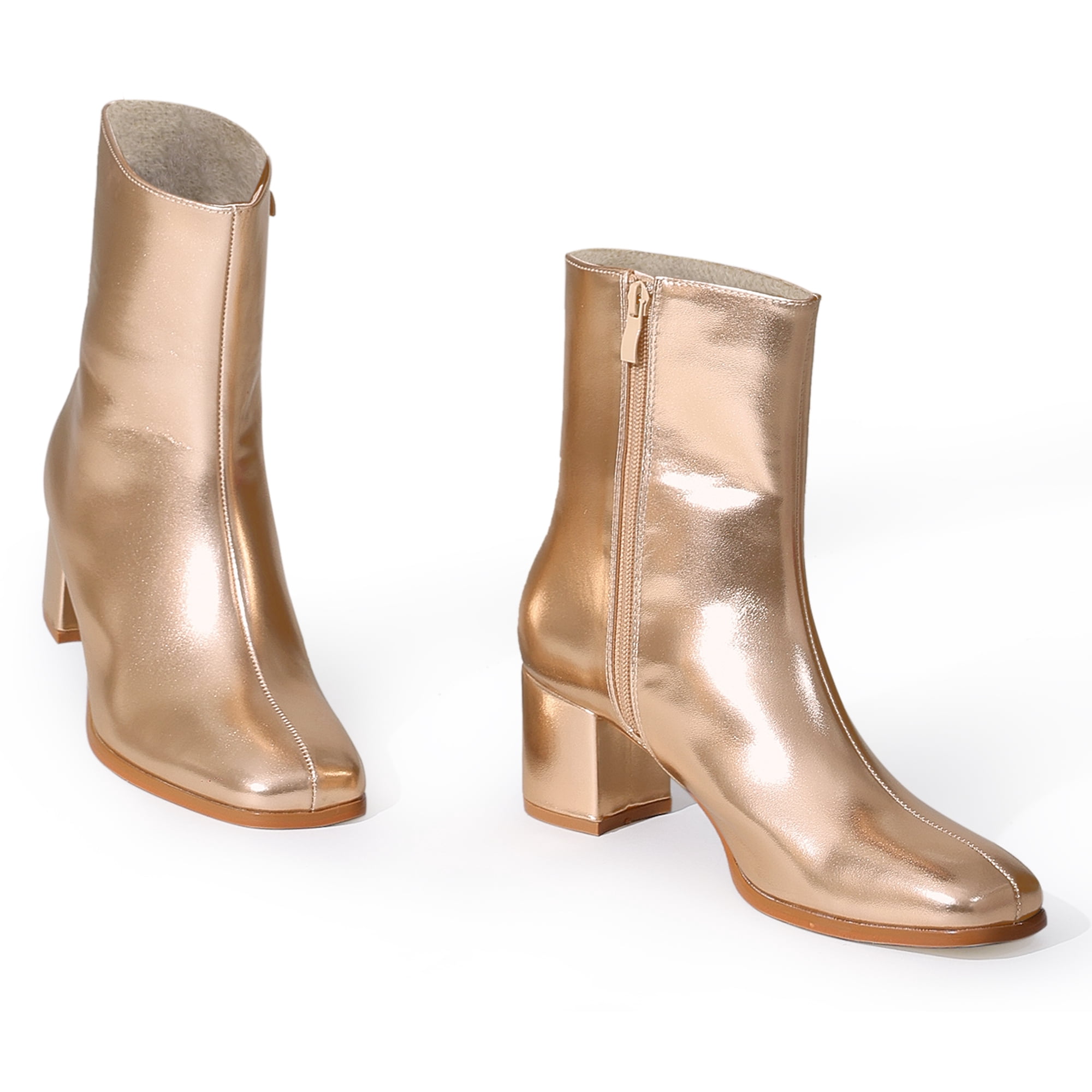 DARING DIVA Metallic Boots Square Toe Chunky Heel Gogo Ankle Boots Rose Gold 7