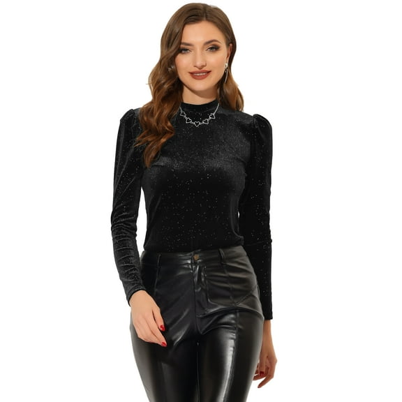 DARING DIVA Metallic Glitter Velvet Mock Neck Puff Blouse L Black