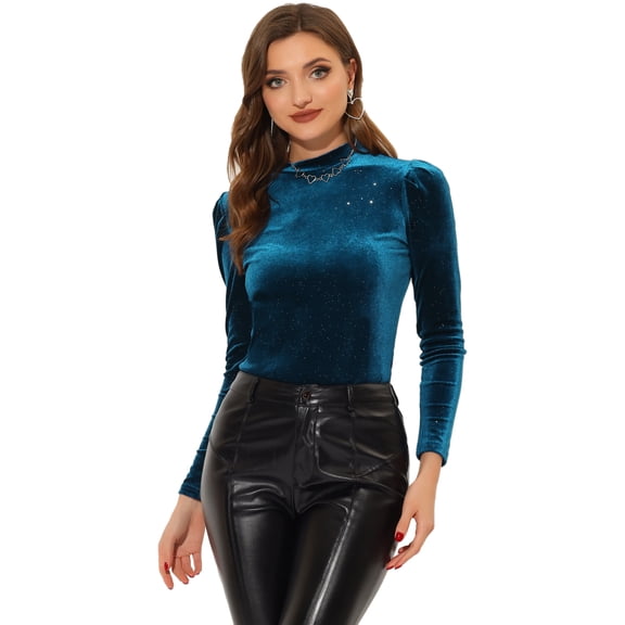 DARING DIVA Metallic Glitter Velvet Mock Neck Puff Blouse XL Peacock Blue