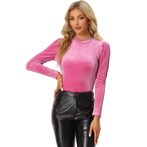 DARING DIVA Metallic Glitter Velvet Mock Neck Puff Blouse XS Hot Pink