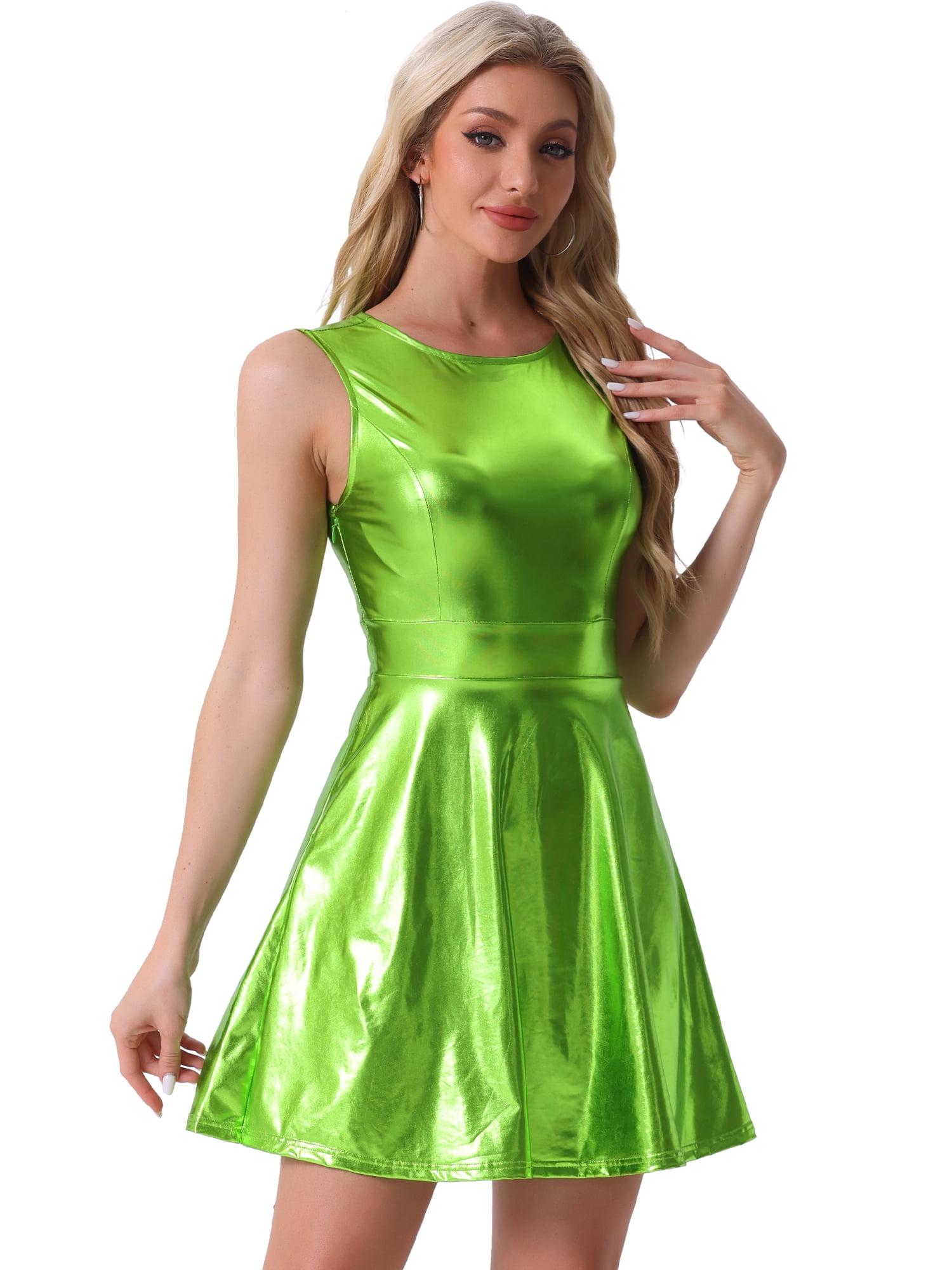 green satin fit and flare dress Green Satin Mini Slip Dress main image 0