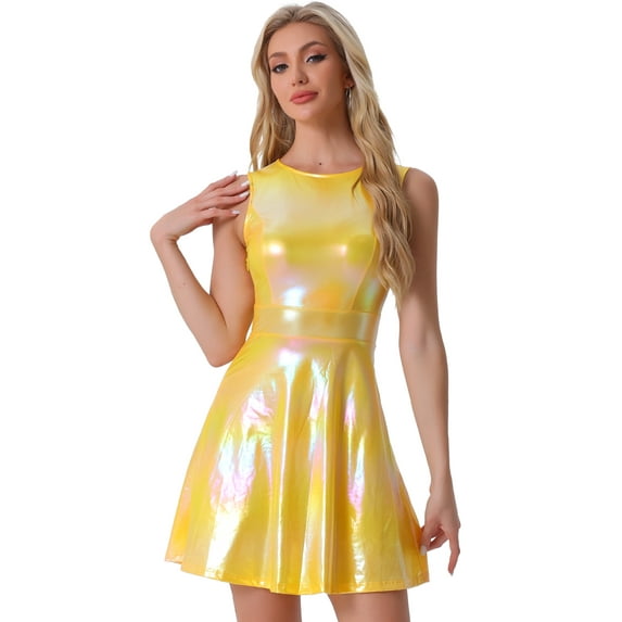 DARING DIVA Metallic Round Neck High Waist Fit and Flare Dress XL Yellow