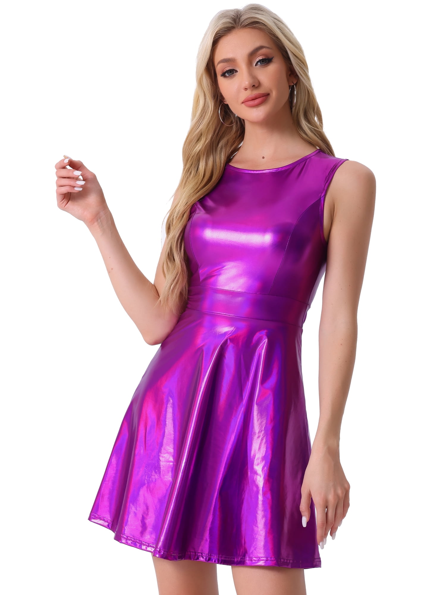 DARING DIVA Metallic Round Neck High Waist Fit and Flare Dress XS Dark  Purple - Walmart.com