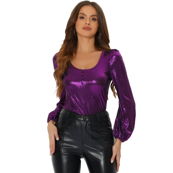 DARING DIVA Metallic Shimmer Glitter Bishop Sleeve Top Shirt XS Purple