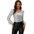 thumbnail image 1 of DARING DIVA Metallic Shimmer Glitter Bishop Sleeve Top Shirt XS Silver, 1 of 6