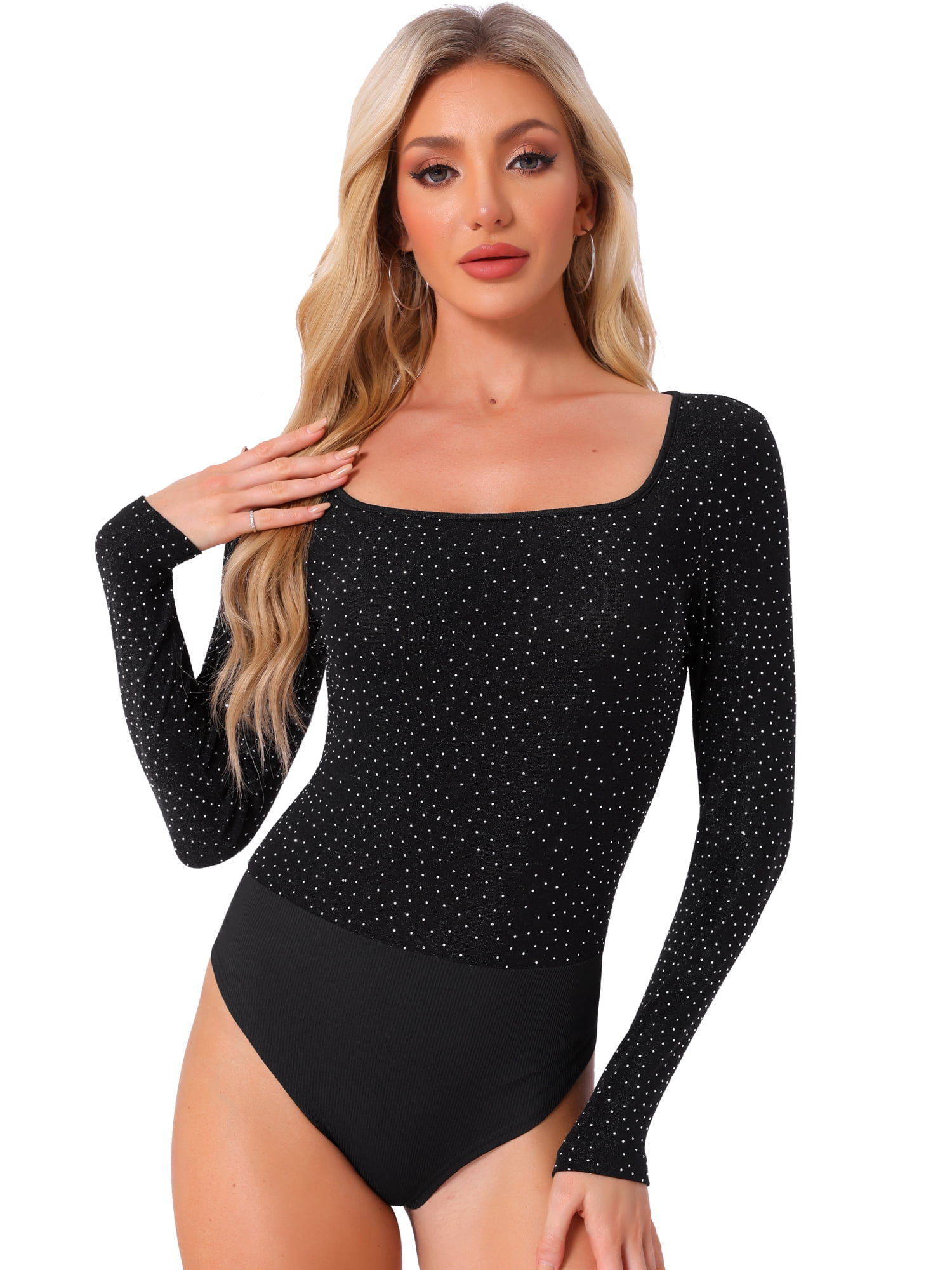 DARING DIVA Metallic Shiny Dots Square Neck Long Sleeve Top L Black