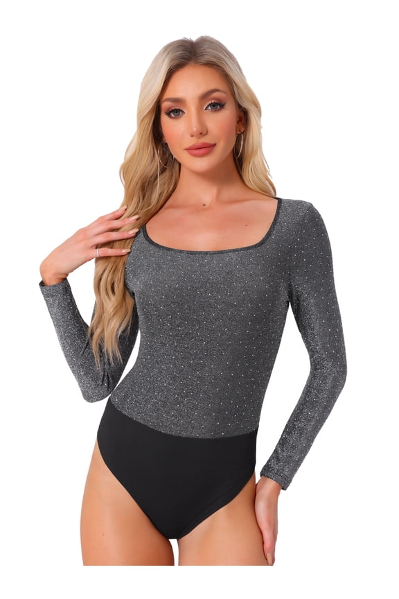 Metallic Shiny Dots Square Neck Long Sleeve Top M Silver Black