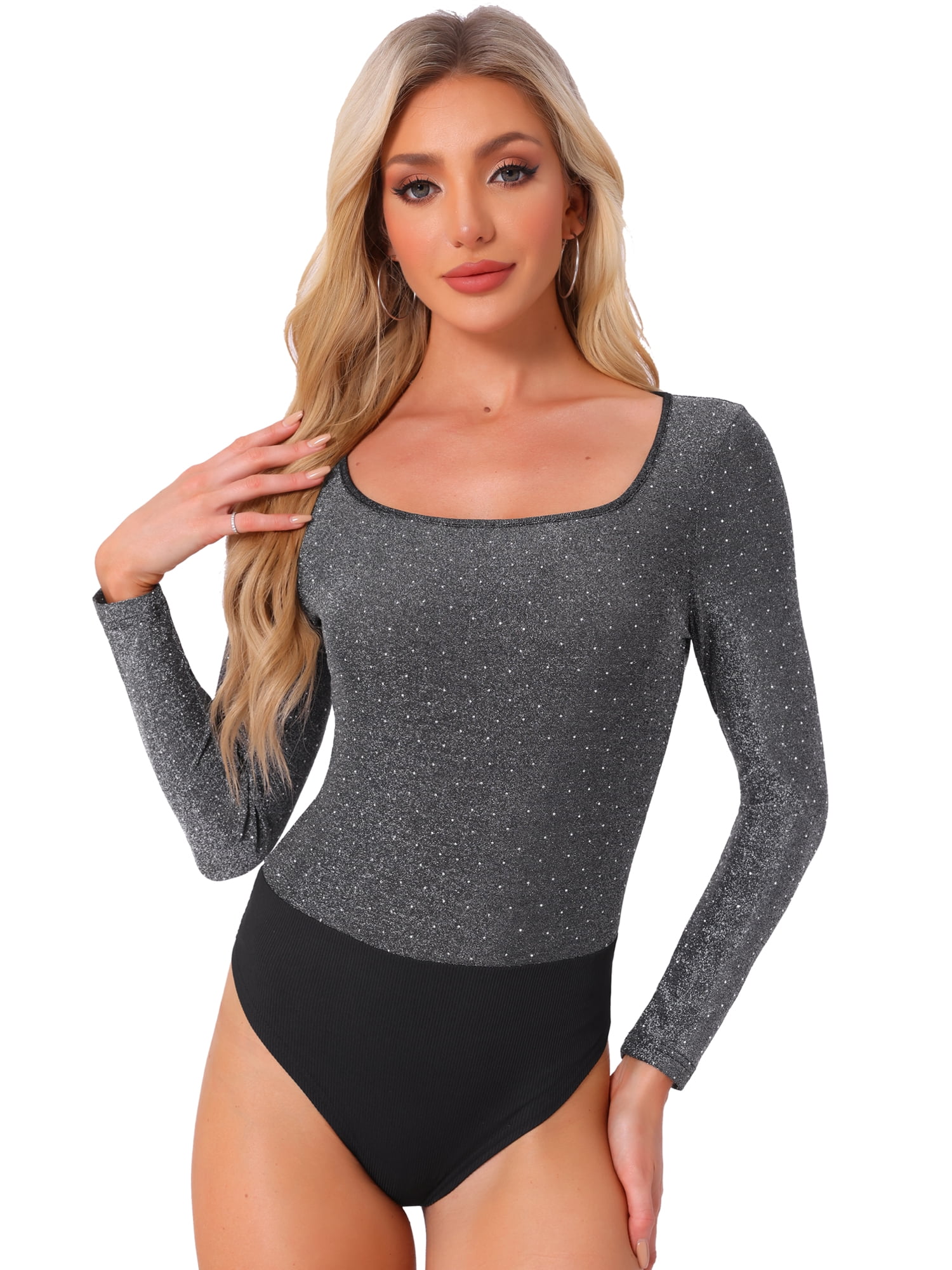 DARING DIVA Metallic Shiny Dots Square Neck Long Sleeve Top XS Silver Black