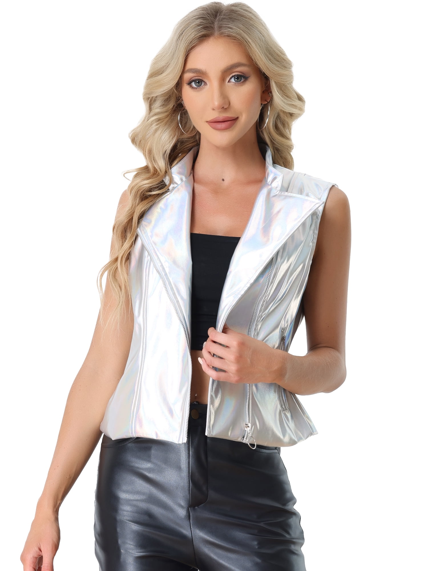 DARING DIVA Metallic Shiny Stand Collar Sleeveless Faux Leather Vest XL Silver