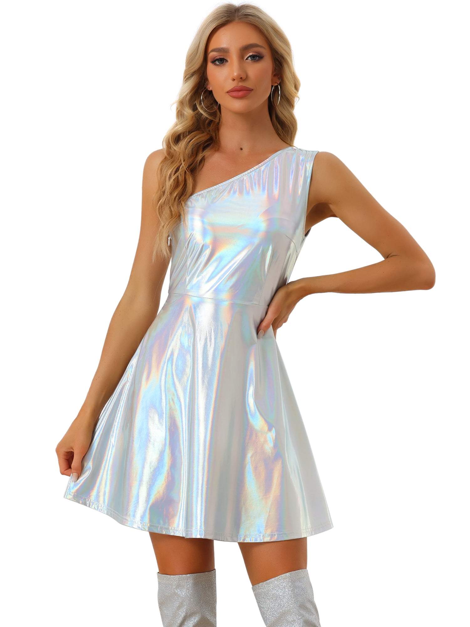DARING DIVA Metallic Sleeveless Disco Holographic Dress S Silver