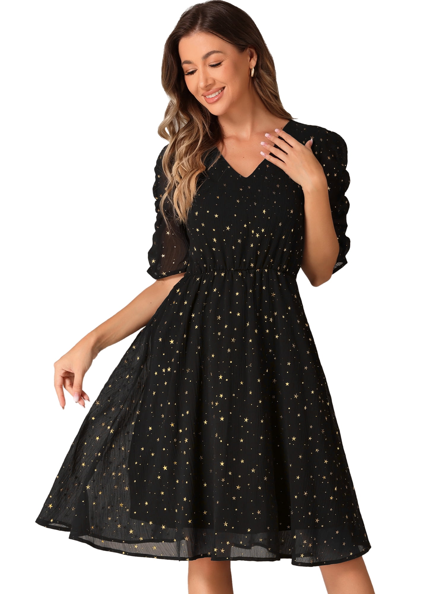 DARING DIVA Metallic Stars A-line Chiffon Dress XL Black