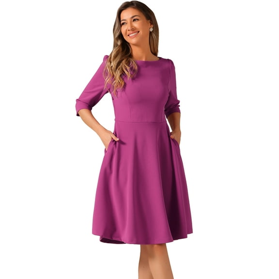 DARING DIVA Midi Boat Neck Short Sleeves A-Line Office Dress L Purple
