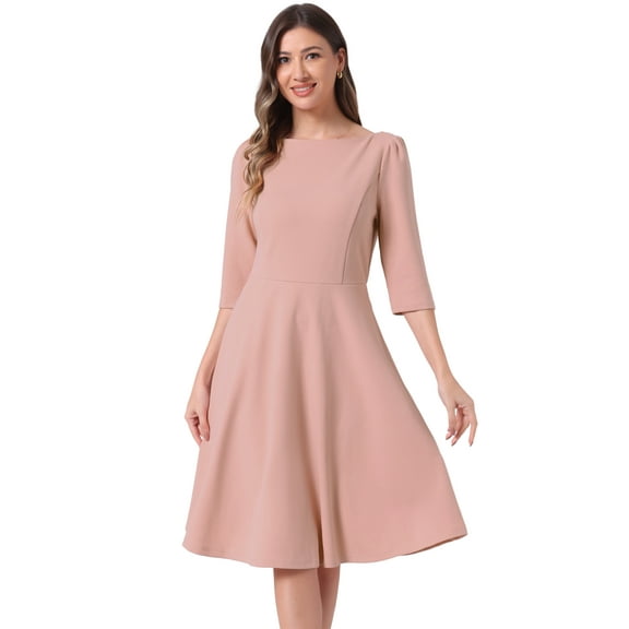 DARING DIVA Midi Boat Neck Short Sleeves A-Line Office Dress S Pink