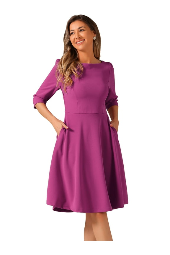 Midi Boat Neck Short Sleeves A-Line Office Dress XS Purple