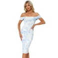 thumbnail image 1 of DARING DIVA Midi Cocktail Bodycon Square Neck Printed Dress L Light Blue, 1 of 6