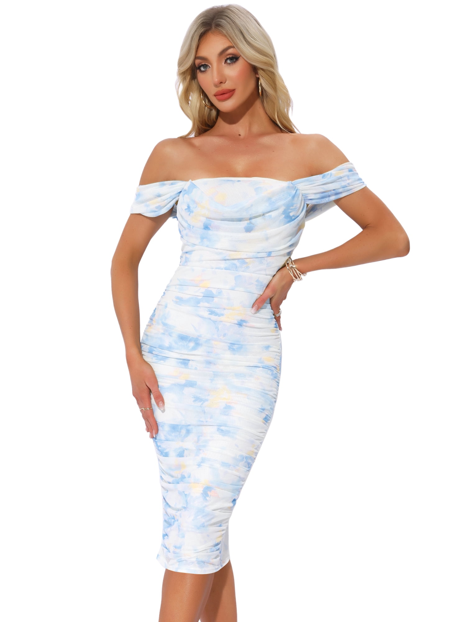 DARING DIVA Midi Cocktail Bodycon Square Neck Printed Dress XL Light Blue