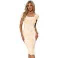 thumbnail image 1 of DARING DIVA Midi Cocktail Bodycon Square Neck Printed Dress XS Light Yellow, 1 of 6