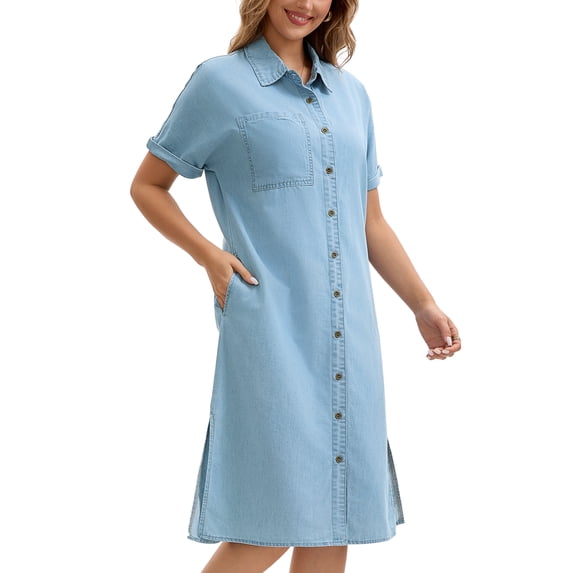 DARING DIVA Midi Denim Short Sleeve Button Down Tunic Jean Dress 2XL Light Blue