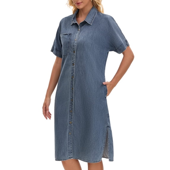 DARING DIVA Midi Denim Short Sleeve Button Down Tunic Jean Dress M Gray Blue