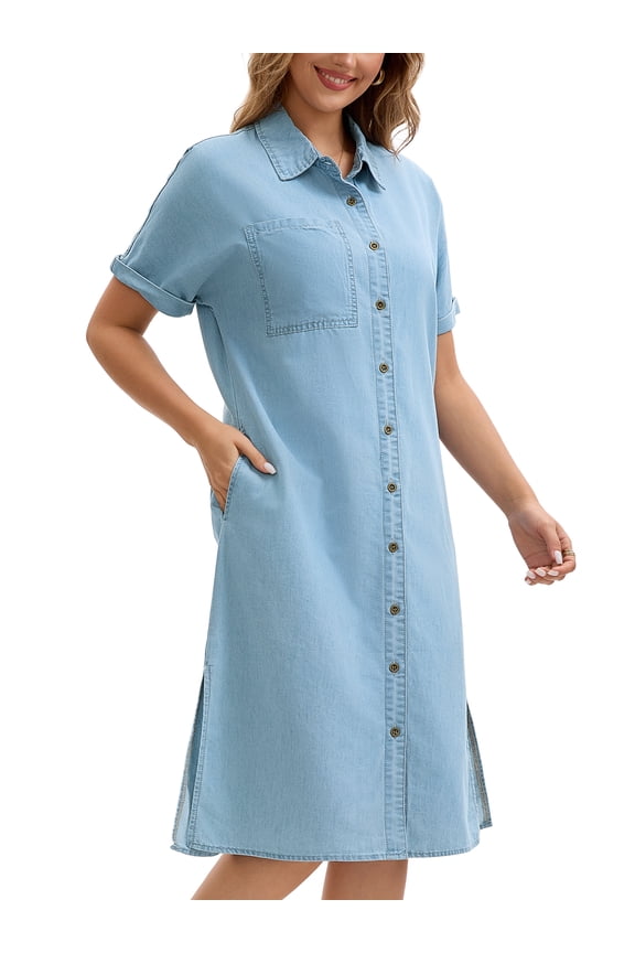 Midi Denim Short Sleeve Button Down Tunic Jean Dress M Light Blue