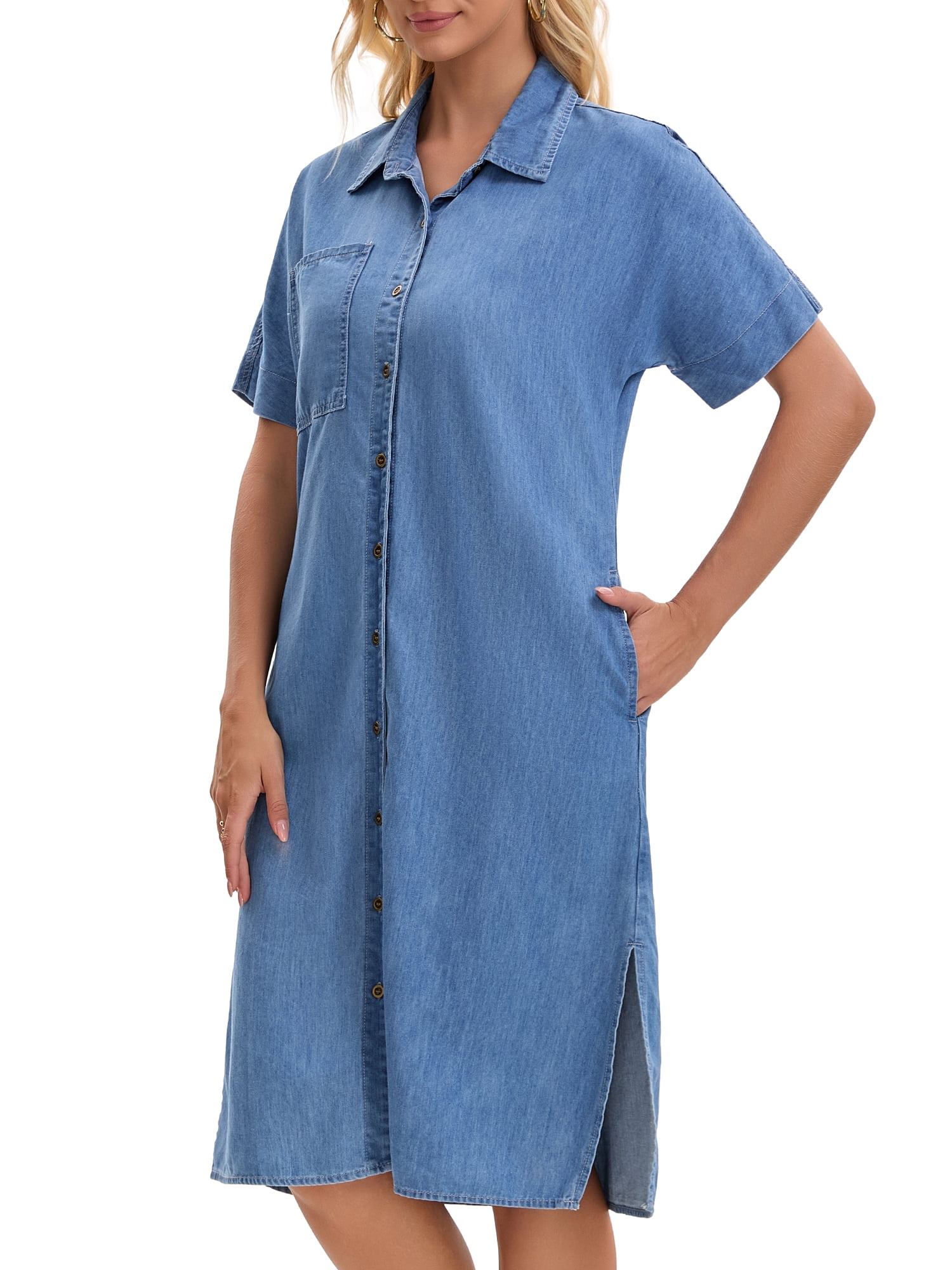 DARING DIVA Midi Denim Short Sleeve Button Down Tunic Jean Dress M Sky Blue