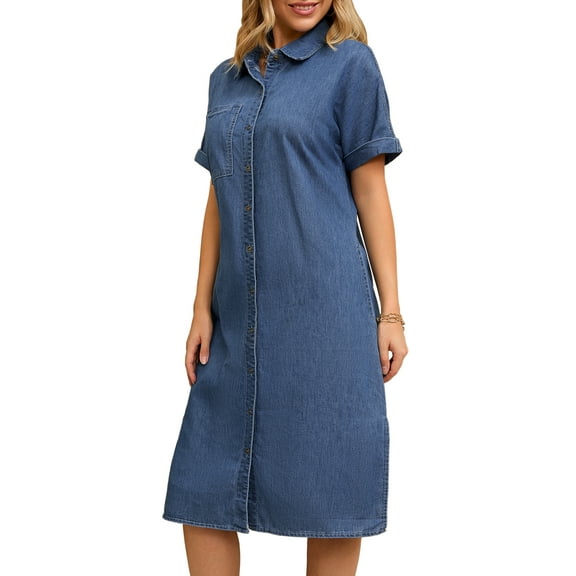 DARING DIVA Midi Denim Short Sleeve Button Down Tunic Jean Dress S Blue