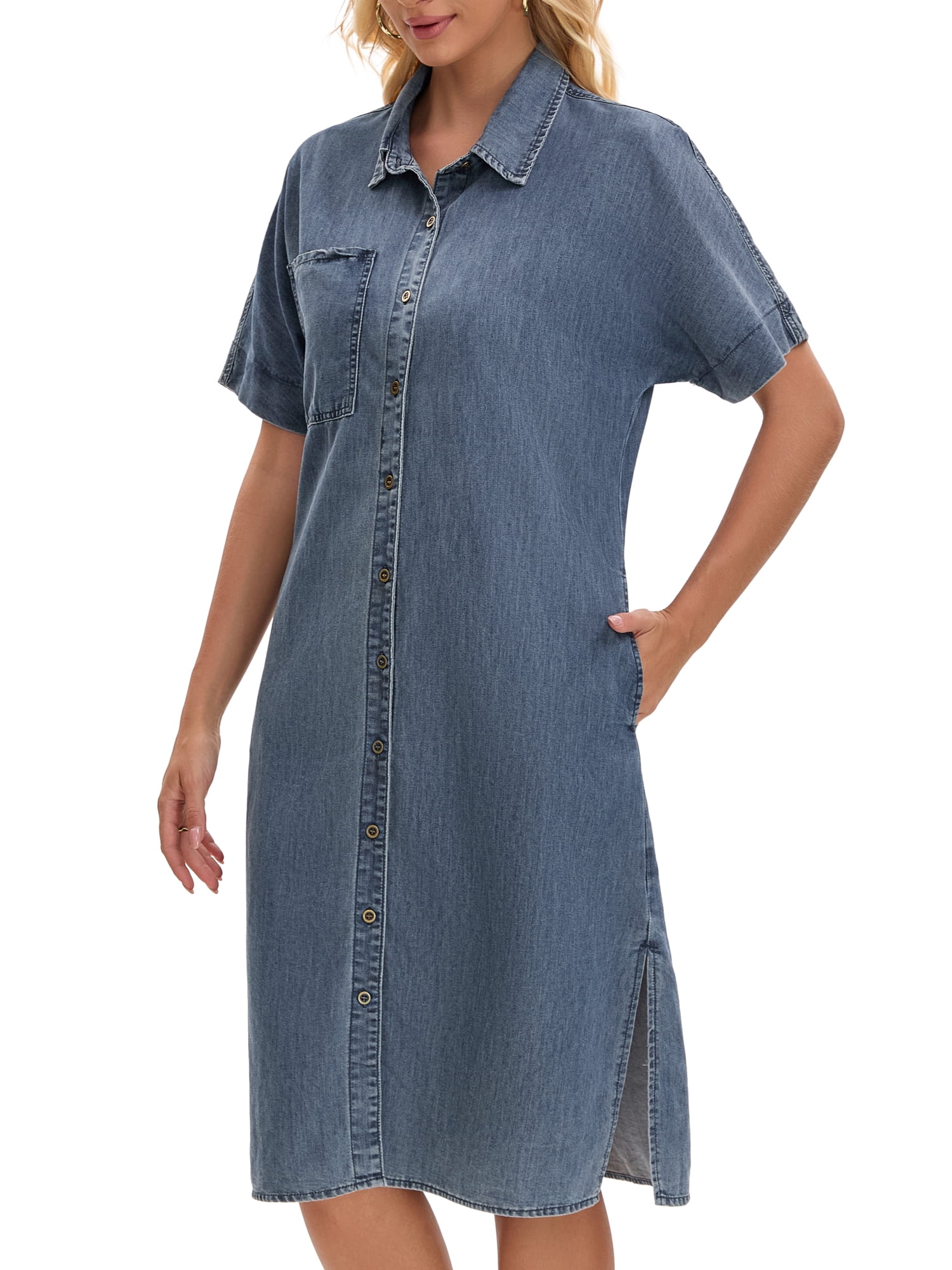 DARING DIVA Midi Denim Short Sleeve Button Down Tunic Jean Dress S Gray Blue
