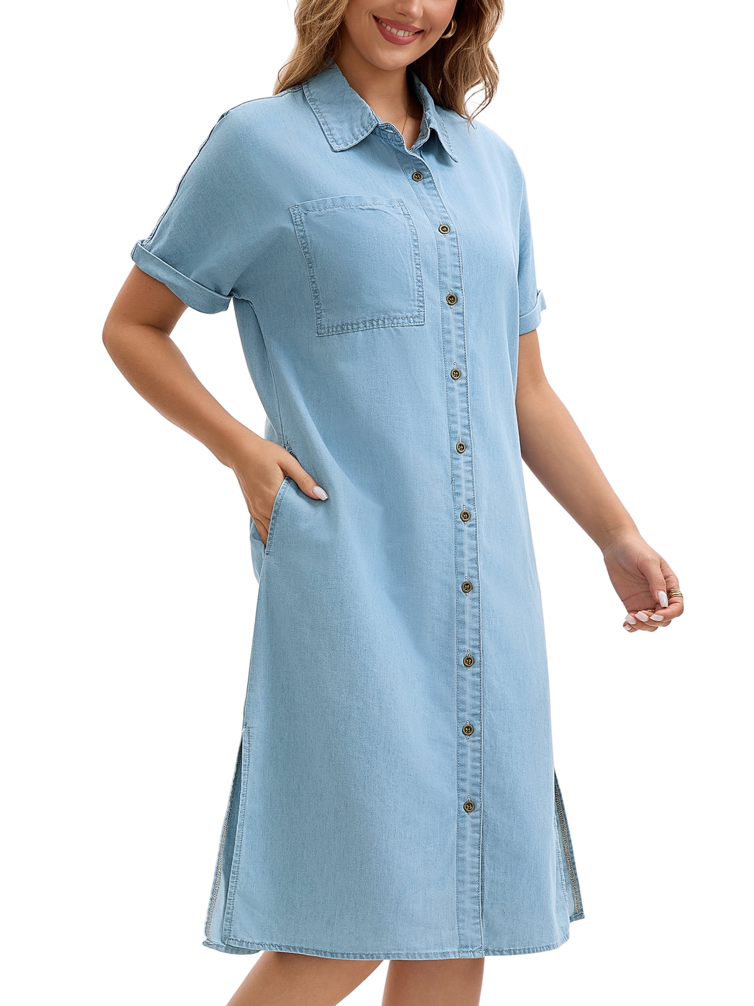 DARING DIVA Midi Denim Short Sleeve Button Down Tunic Jean Dress S Light Blue
