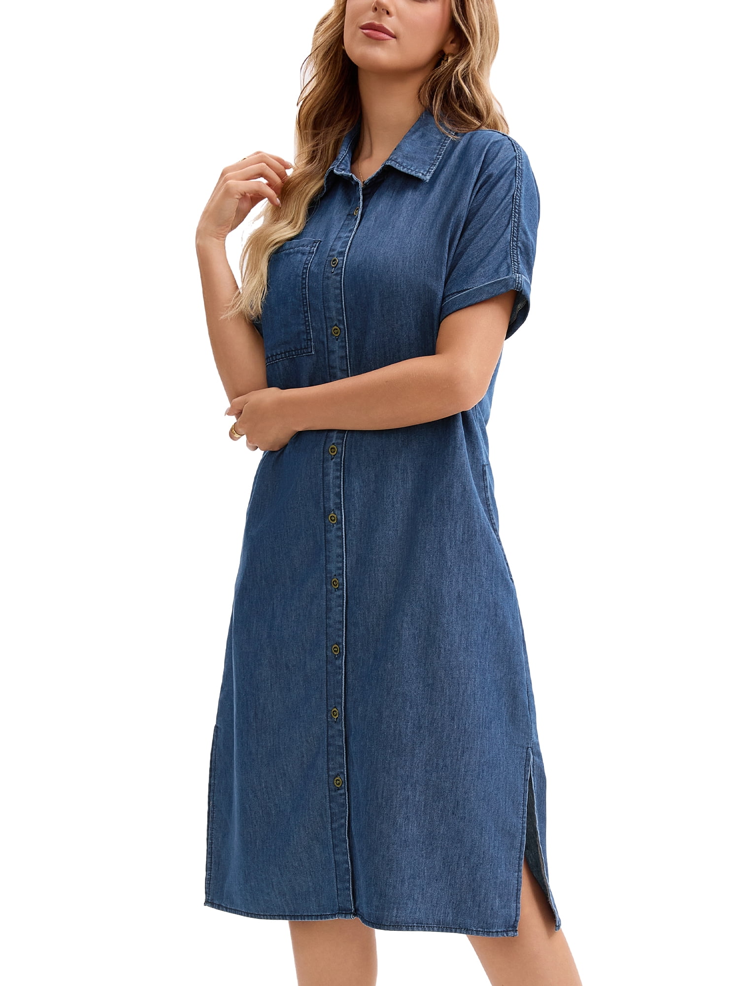 DARING DIVA Midi Denim Short Sleeve Button Down Tunic Jean Dress S Navy Blue