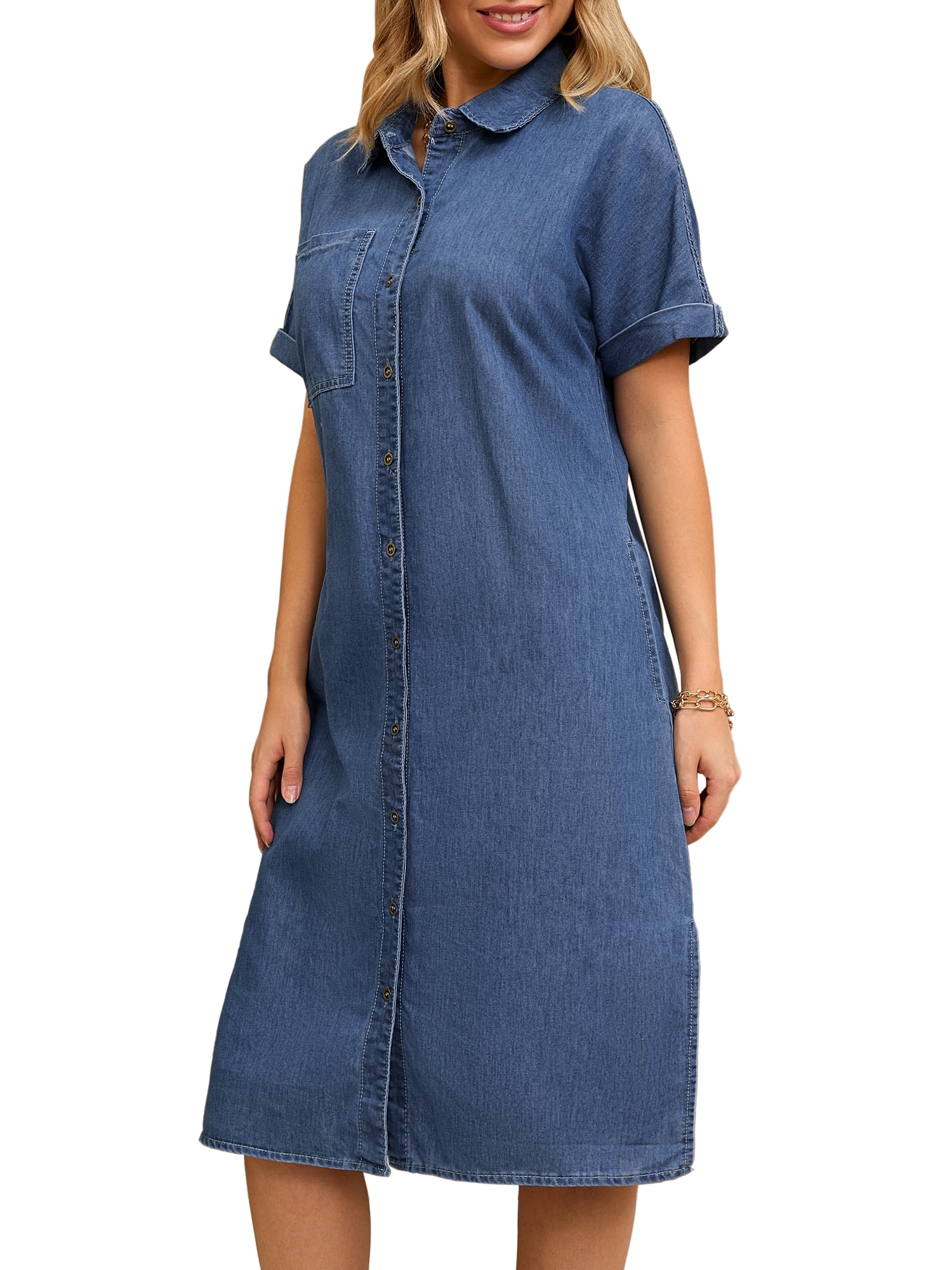 DARING DIVA Midi Denim Short Sleeve Button Down Tunic Jean Dress XL Blue