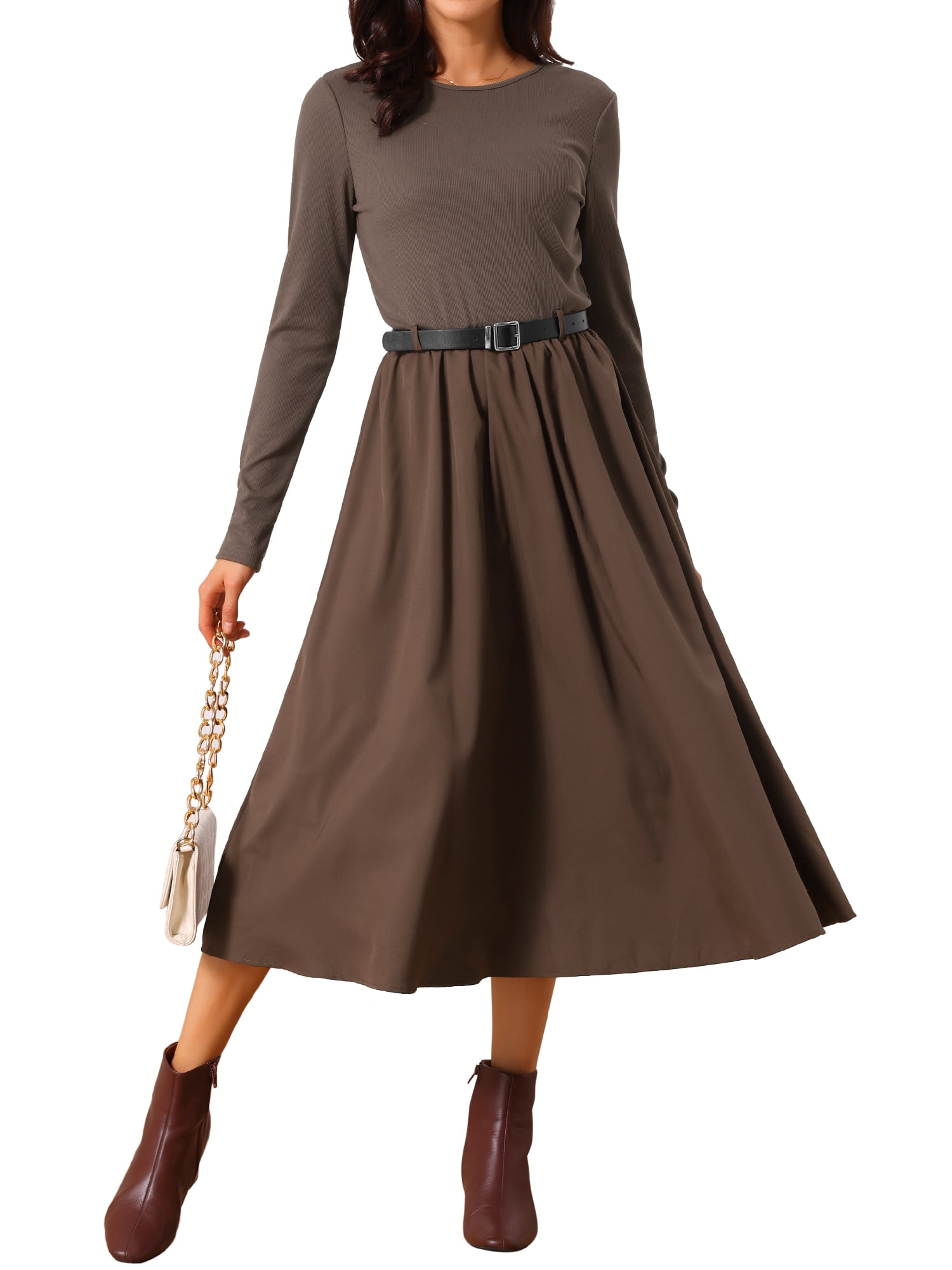 DARING DIVA Midi Dress Crewneck Long Sleeve Flowy Dress L Coffee