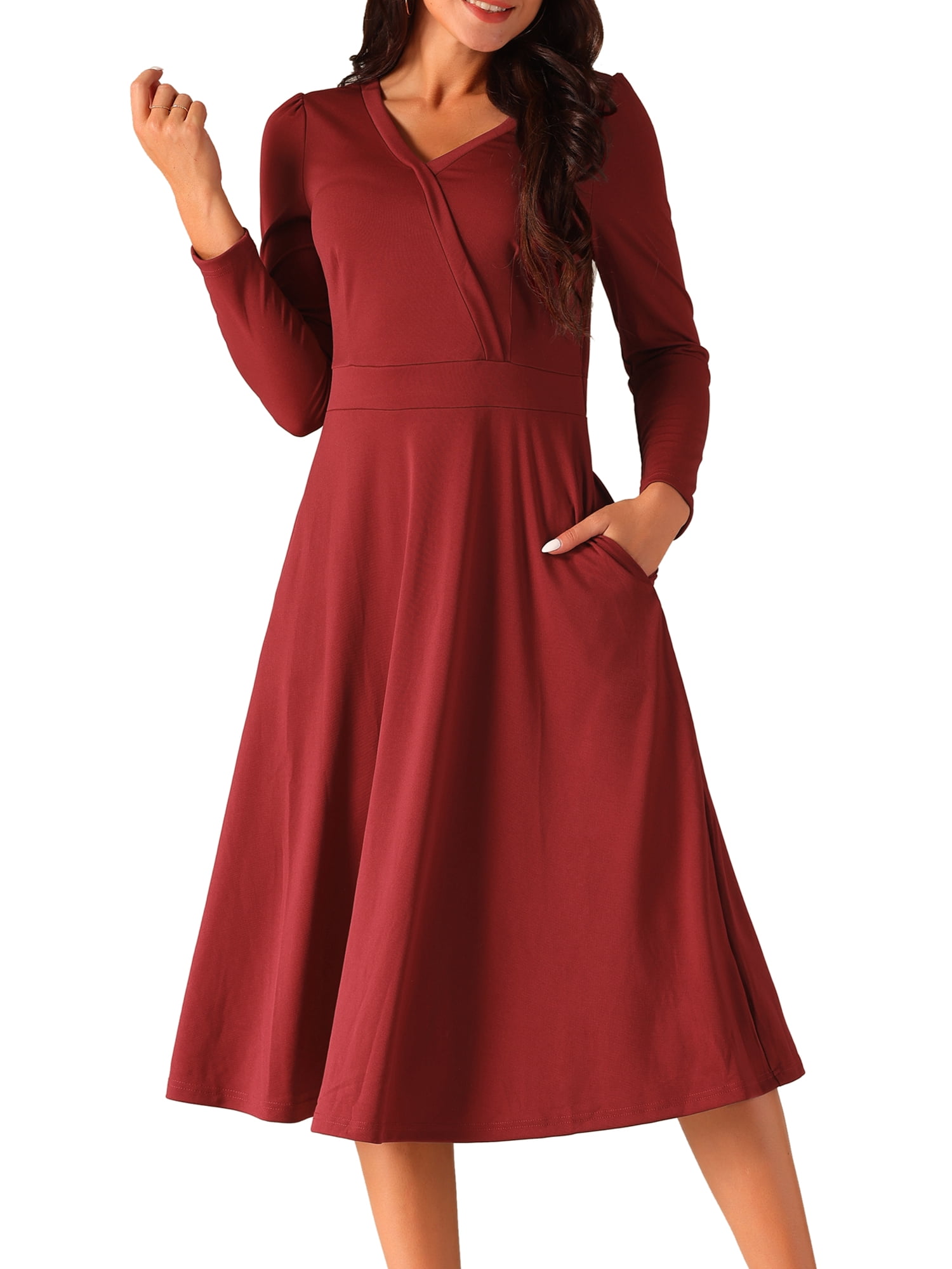 DARING DIVA Midi Faux Wrap Puff Sleeve Dress M Wine Red