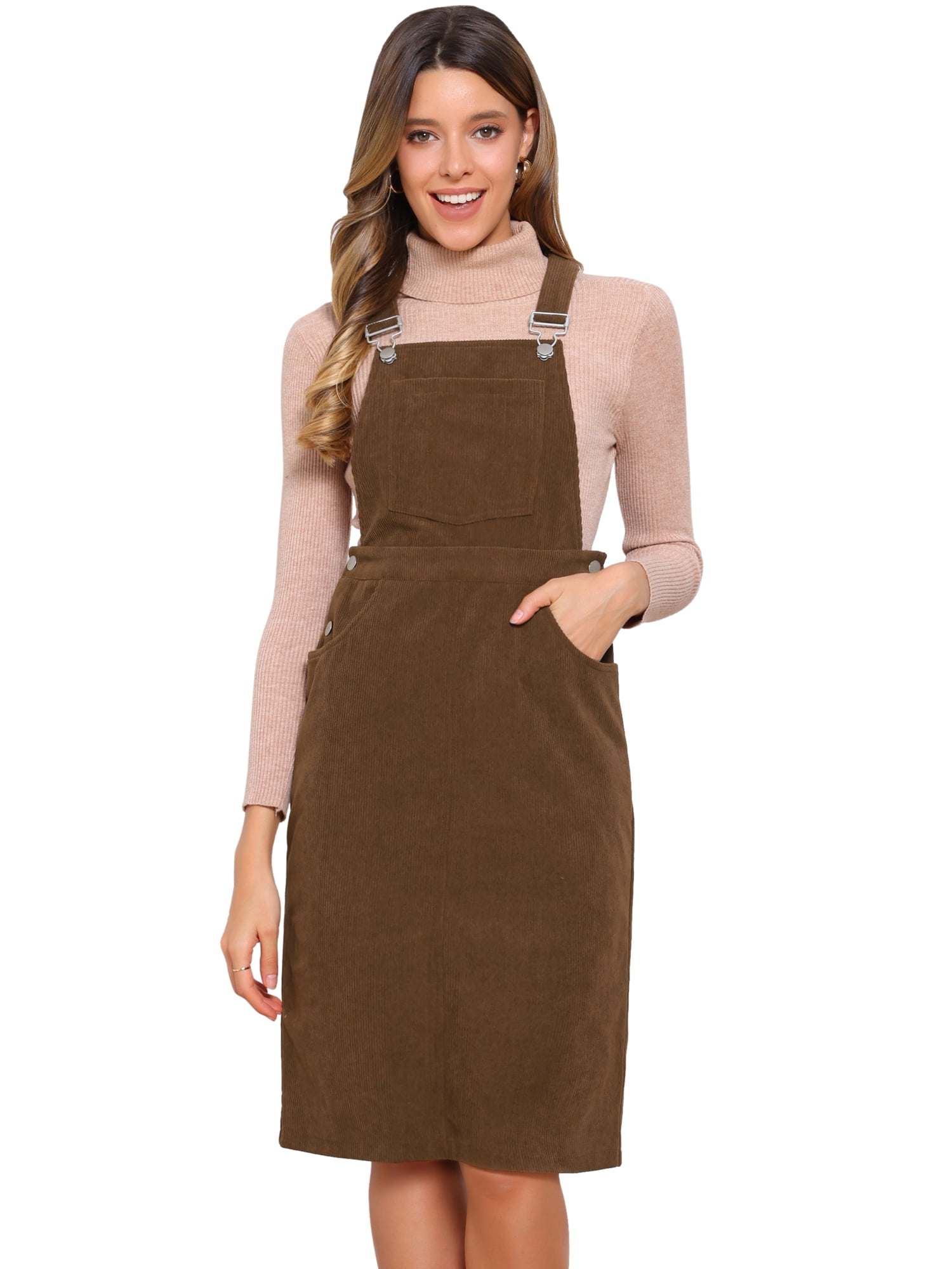 DARING DIVA Midi Pinafore Dress with Adjustable Straps and Pockets Large Brown