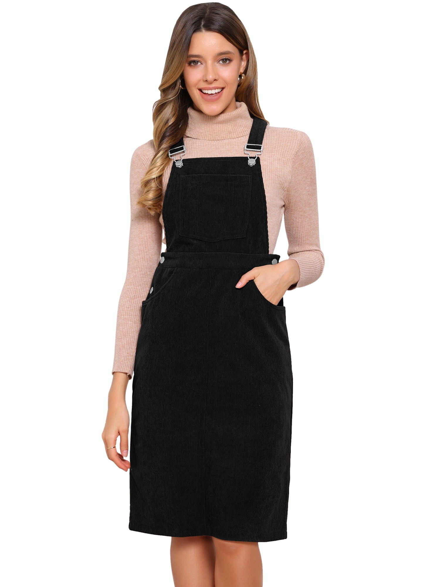 DARING DIVA Midi Pinafore Dress with Adjustable Straps and Pockets X-Large Black
