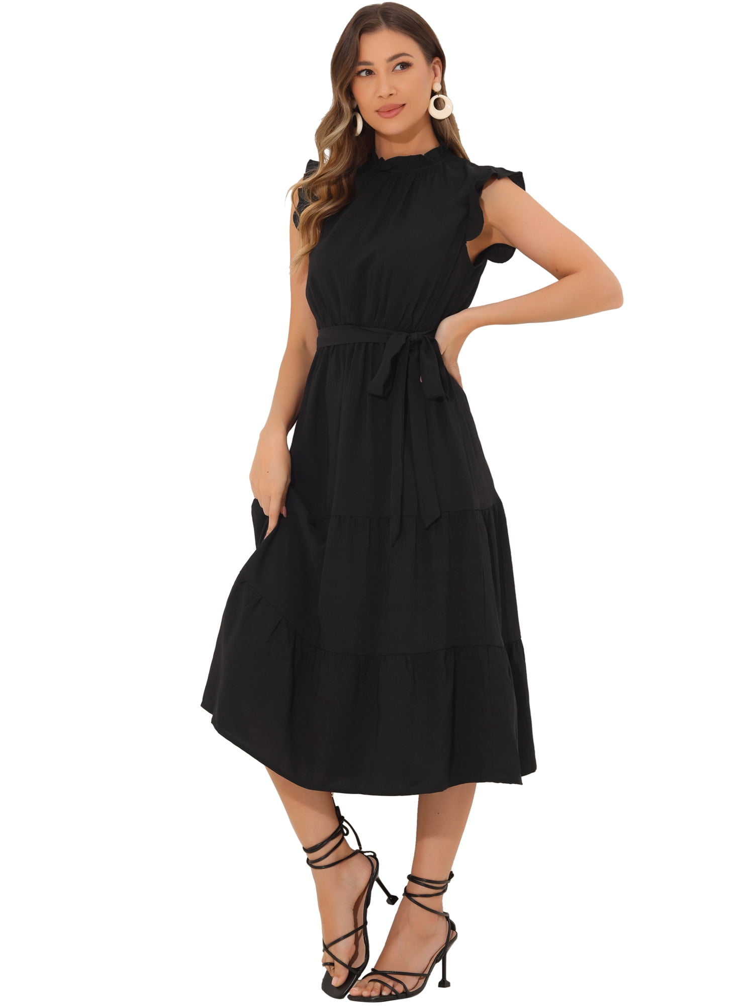 DARING DIVA Midi Ruffled Sleeve Mock Neck Casual Dress L Black