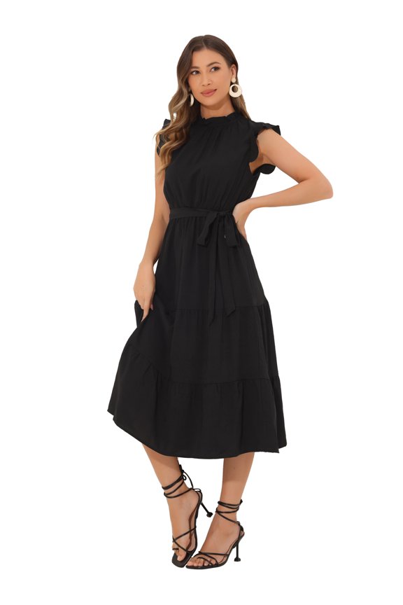 Midi Ruffled Sleeve Mock Neck Casual Dress L Black