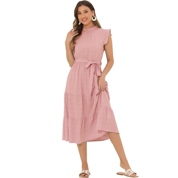 DARING DIVA Midi Ruffled Sleeve Mock Neck Casual Dress XS Pink