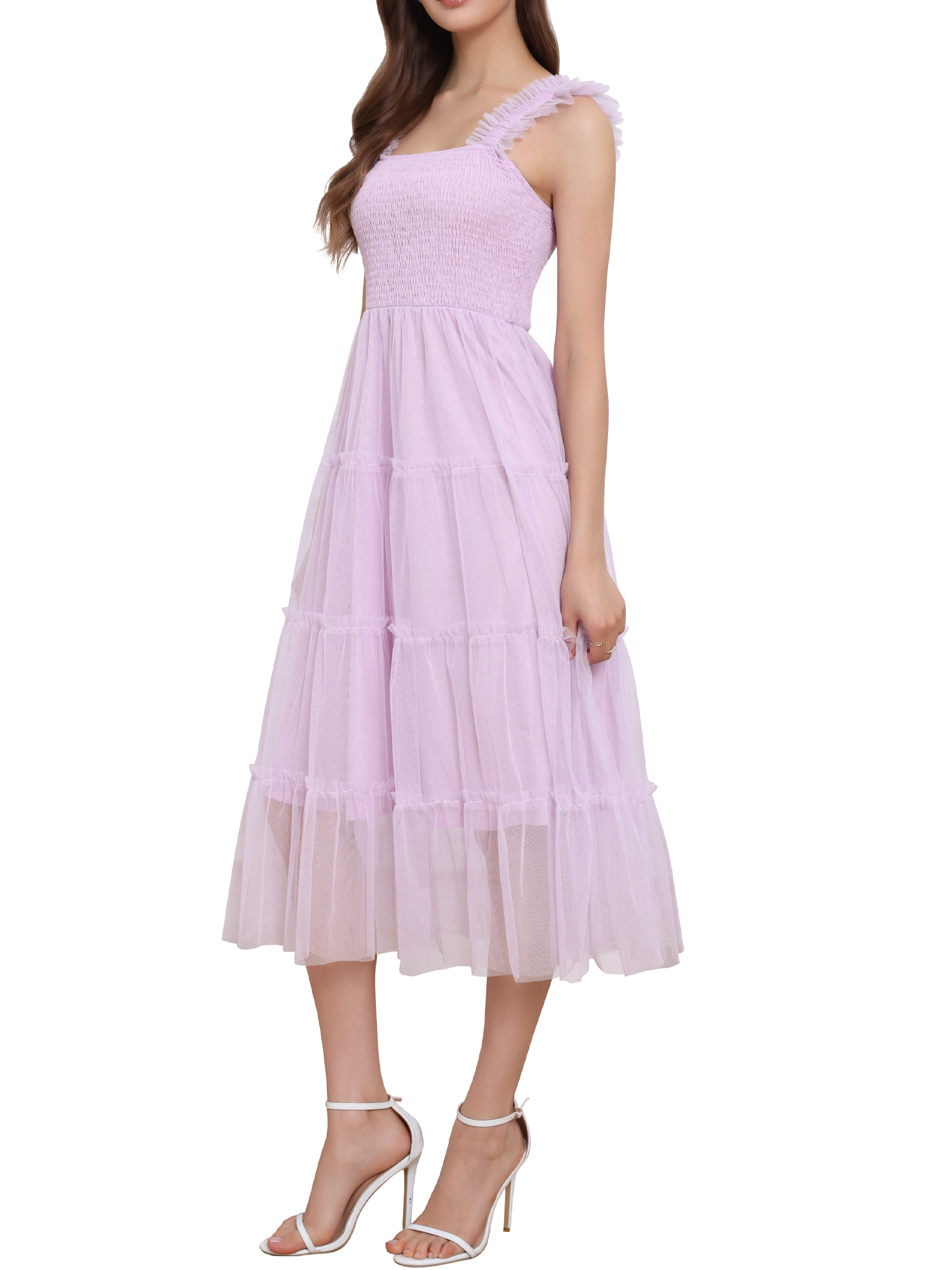 DARING DIVA Women's Summer Tulle Sleeveless Smocked Square Neck Dress L Light Purple