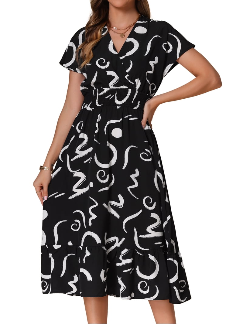 DARING DIVA Midi V Neck Short Sleeves Smocked Brush Strokes Printed Dress L Black