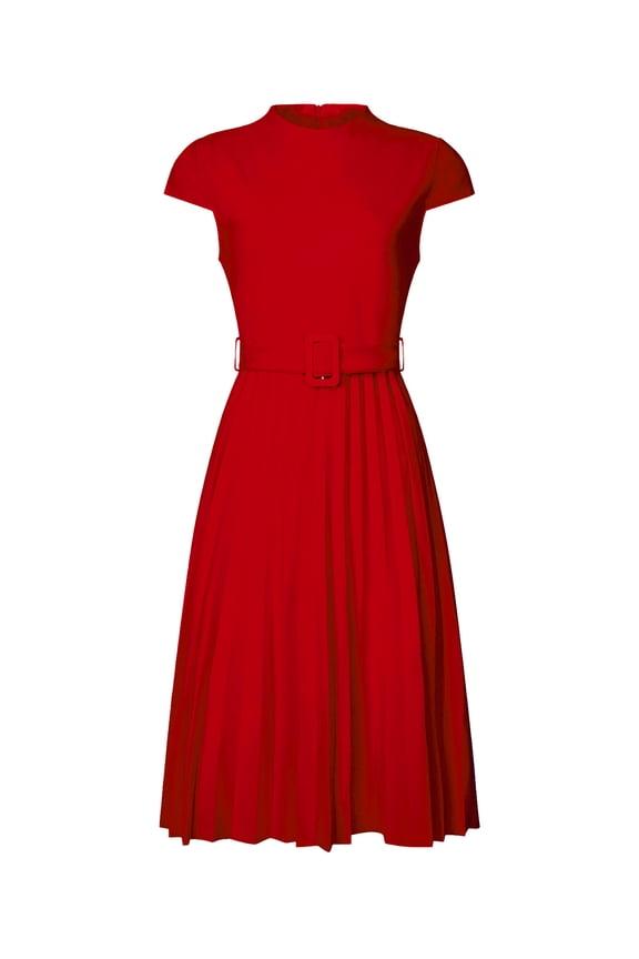 Mock Neck Cap Sleeve Belted A-Line Dress M Red