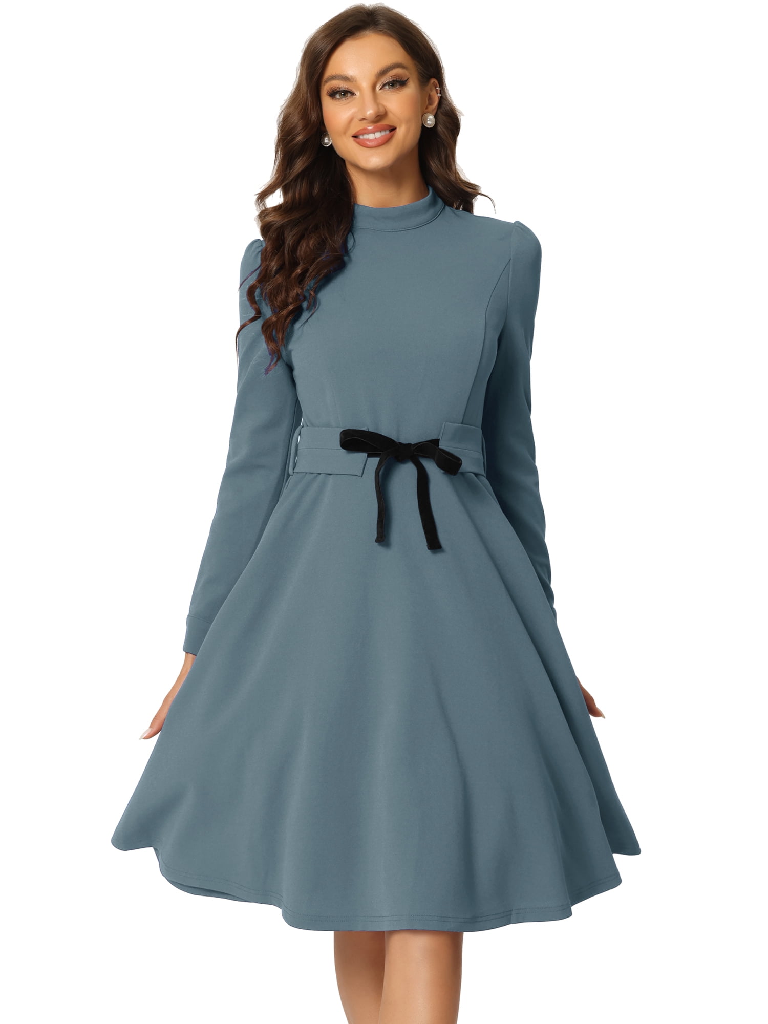 DARING DIVA Mock Neck Knit Below the Knee Tie Waist Dress M Grey
