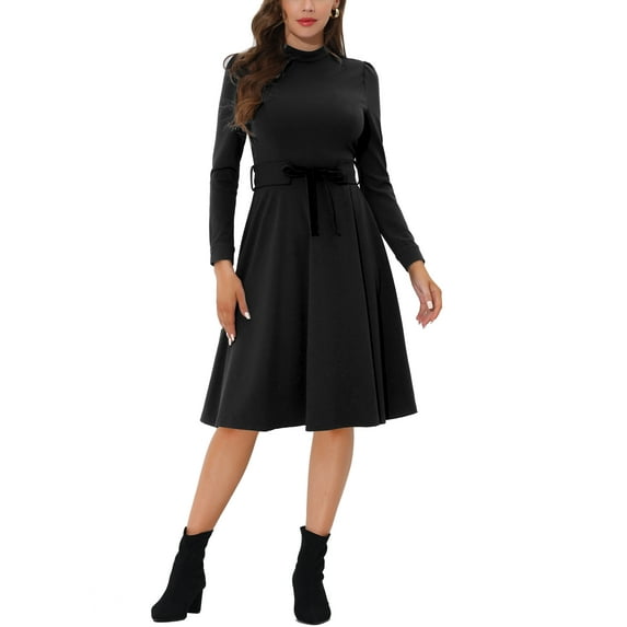 DARING DIVA Mock Neck Knit Below the Knee Tie Waist Dress XL Black