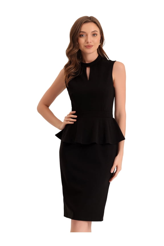 Mock Neck Peplum Pencil Sheath Dress S Black