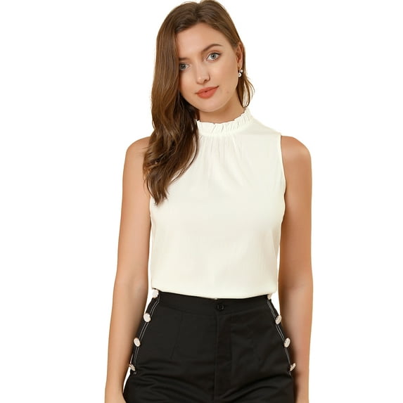 DARING DIVA Mock Neck Ruffle Sleeveless Casual Blouse Top S White