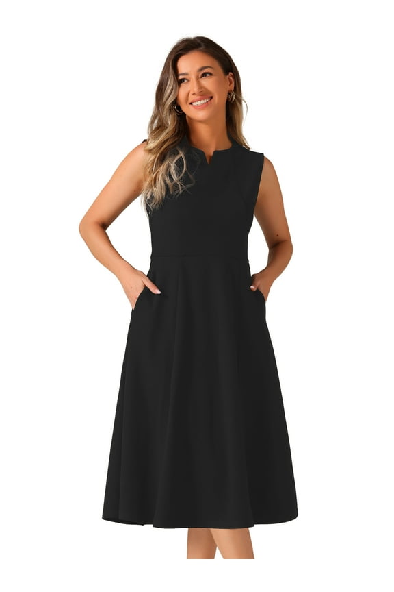 Notch V Neck A-Line Office Dress S Black