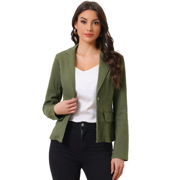 DARING DIVA Notched Lapel Button Up Washed Denim Jacket S Green
