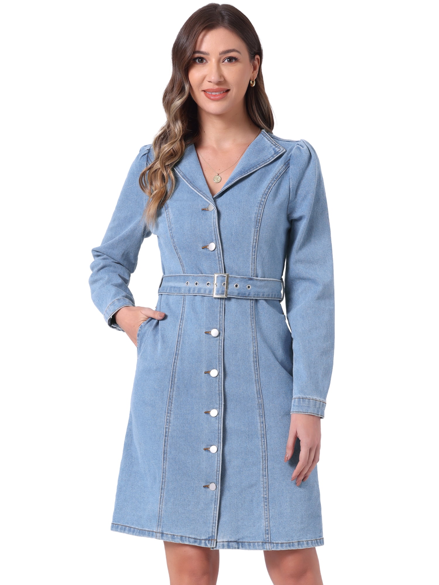 DARING DIVA Notched Lapel Denim Shirt Dress L Light Blue