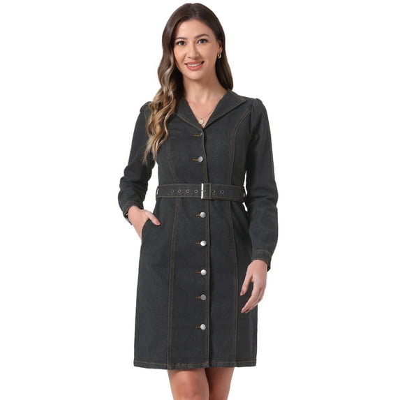 DARING DIVA Notched Lapel Denim Shirt Dress S Black