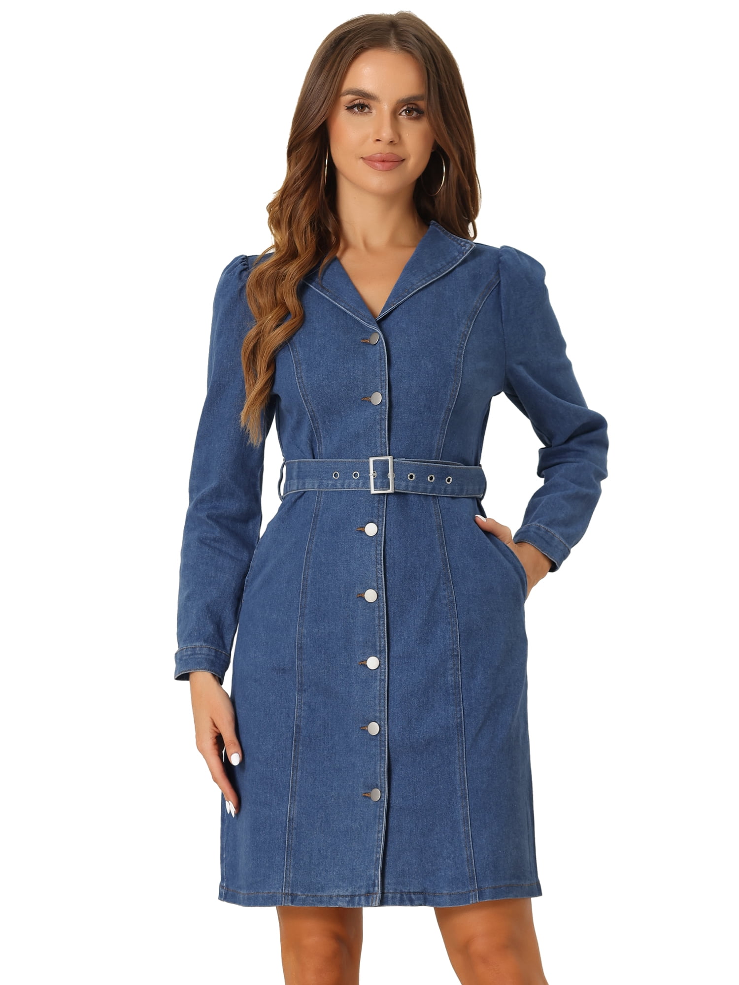 DARING DIVA Notched Lapel Denim Shirt Dress XS Blue